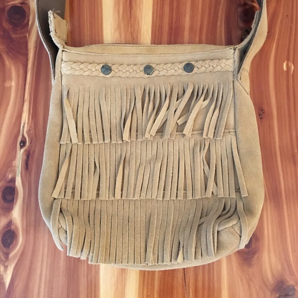 Minnetonka Camel Suede Fringe Mid-Size Crossbody Bag with Bronze Medallions - Picture 6 of 15